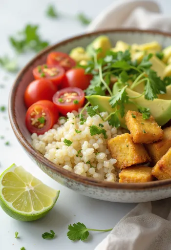 Buddha Bowl de quinoa com abacate e tofu ao curry servido