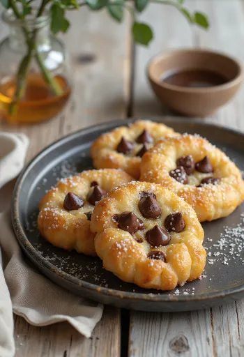 Bannock com pedaços de chocolate, massa dourada e crocante, com chocolate derretido