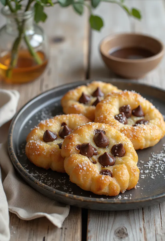 Bannock com pedaços de chocolate, massa dourada e crocante, com chocolate derretido