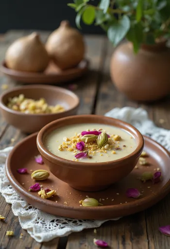 Basundi vegano, com leite de coco, decorado com amêndoas e pistache