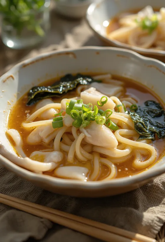 Deulkkae kalguksu, sopa rica de peixe coreana com macarrão e algas