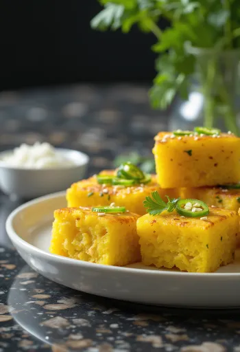 Khaman Dhokla Instantâneo servido com óleo temperado e coentro