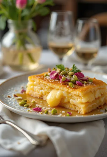 Knafeh Khishneh, servido com queijo cottage e xarope de água de rosas