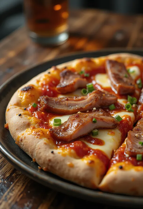 Pizza chinesa Char Siu com carne de porco servida
