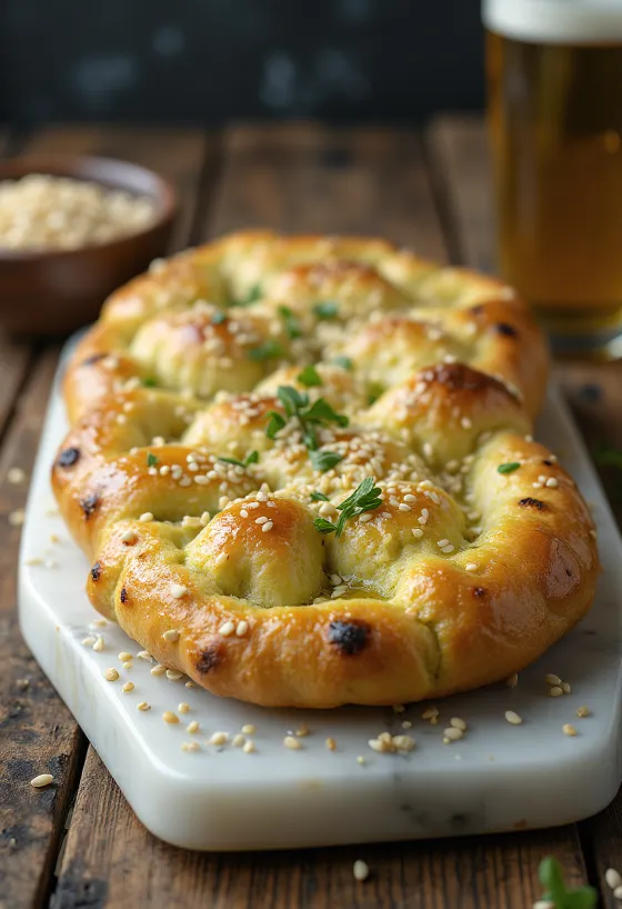 Focaccia de wasabi com gergelim servida