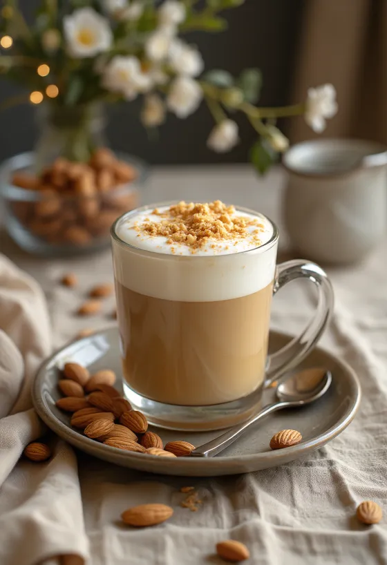 Latte de amêndoas com mel no copo, polvilhado com amêndoas laminadas e canela
