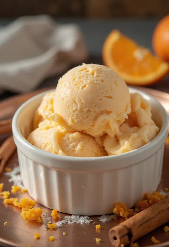 Sorvete de laranja com canela servido com fatias de laranja fresca