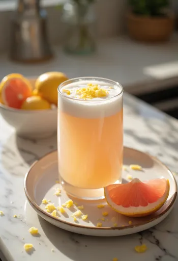 Kefir de toranja e abacaxi em copos, cor creme claro, com pedaços de frutas por cima