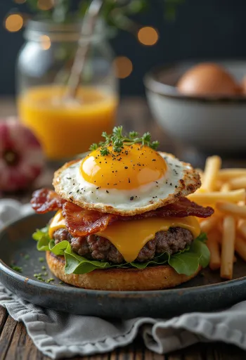 Hambúrguer de café da manhã com bacon e ovo