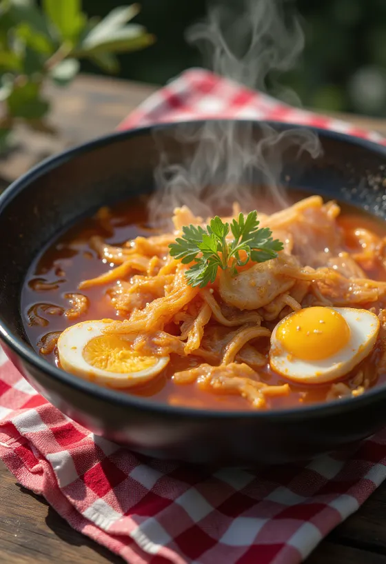 Yukgaejang de peixe seco, sopa coreana servida com arroz e coentro