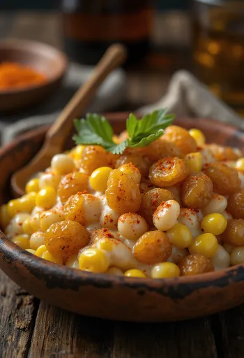 Esquites com uvas-passas servido com queijo e fatias de limão
