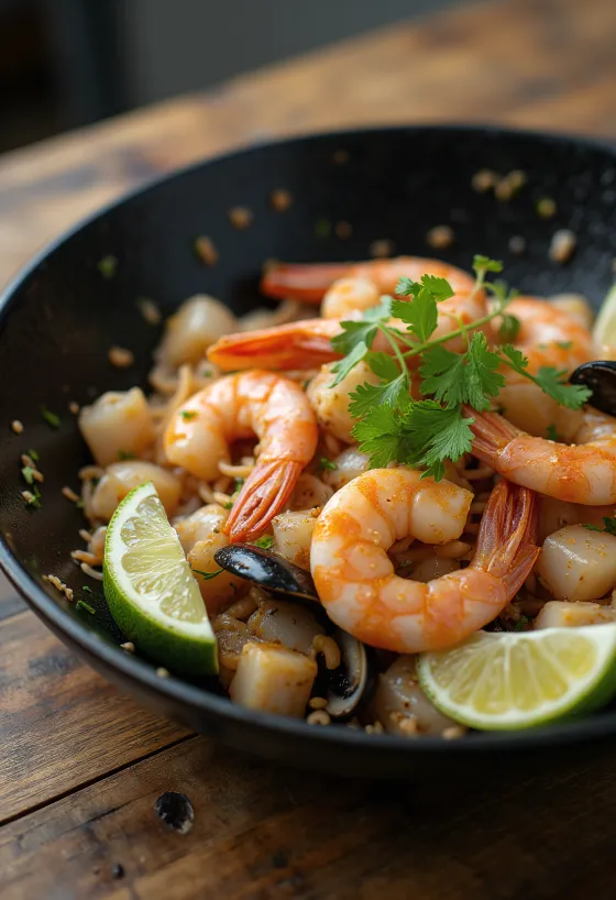 Frutos do mar picantes com Togarashi na frigideira, decorados com limão e coentro