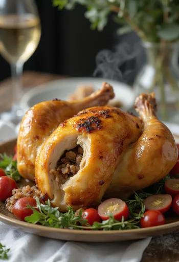 Frango recheado, servido com recheio saboroso e pele assada crocante