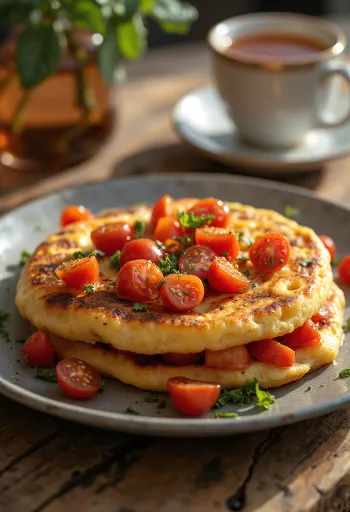 Crumpet com tomate, recém assado, dourado