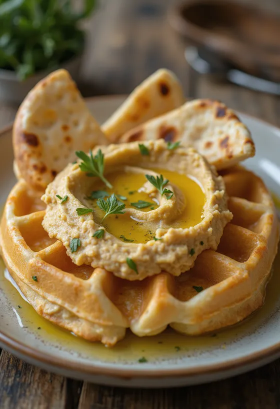 Waffle de homus com salsinha fresca e azeite