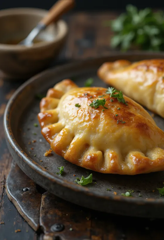 Empanada de batata e alho assada dourada