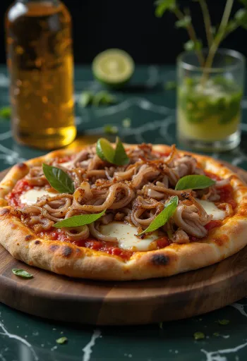 Pizza estilo cubano com carne de porco assada e cebola caramelizada