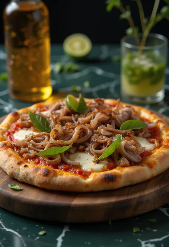Pizza estilo cubano com carne de porco assada e cebola caramelizada