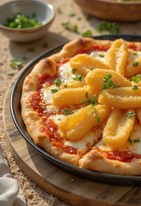 Pizza japonesa com legumes em tempura servida
