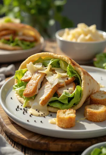 Pita de salada caesar de frango com croutons e molho