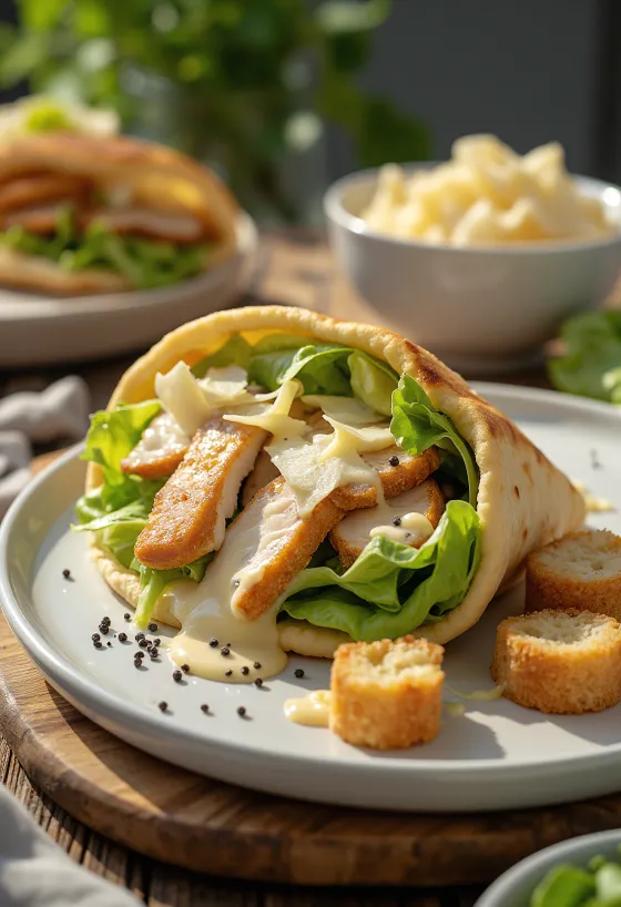 Pita de salada caesar de frango com croutons e molho