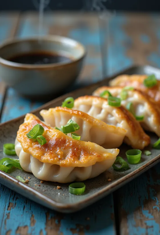 Gyoza de carne suína, frito crocante e cozido no vapor