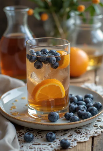 Cider de mirtilo e mel decorado com rodela de laranja e mirtilos