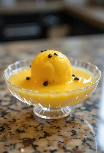 Sorbet de maracujá servido em taça