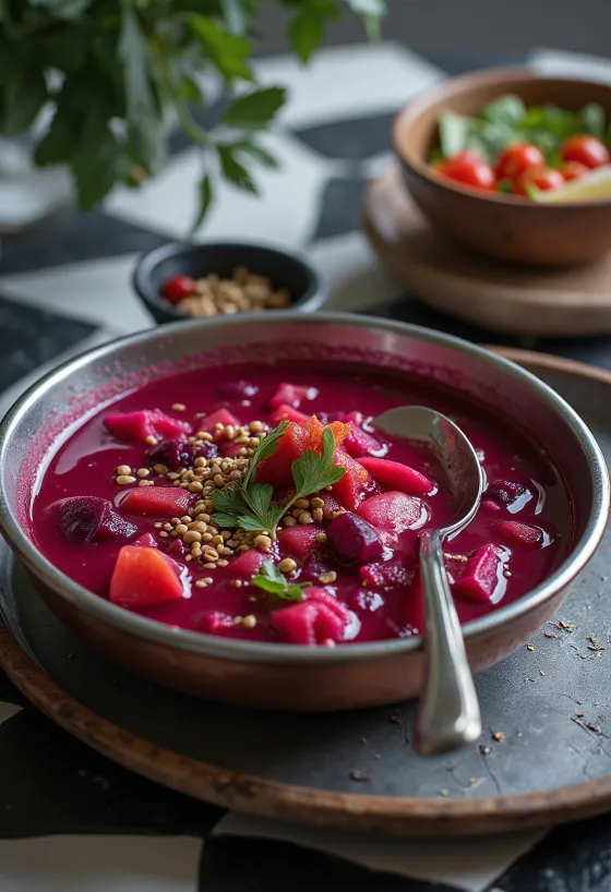 Rasam de beterraba servido com coentro fresco