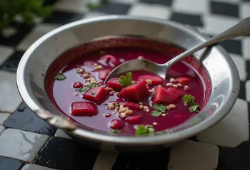 Rasam de beterraba servido com coentro fresco
