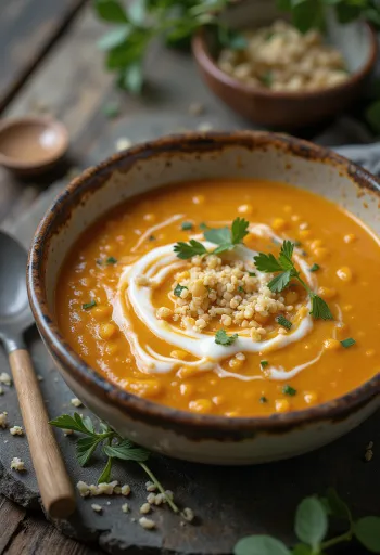 Sopa creme de lentilha com coco servida
