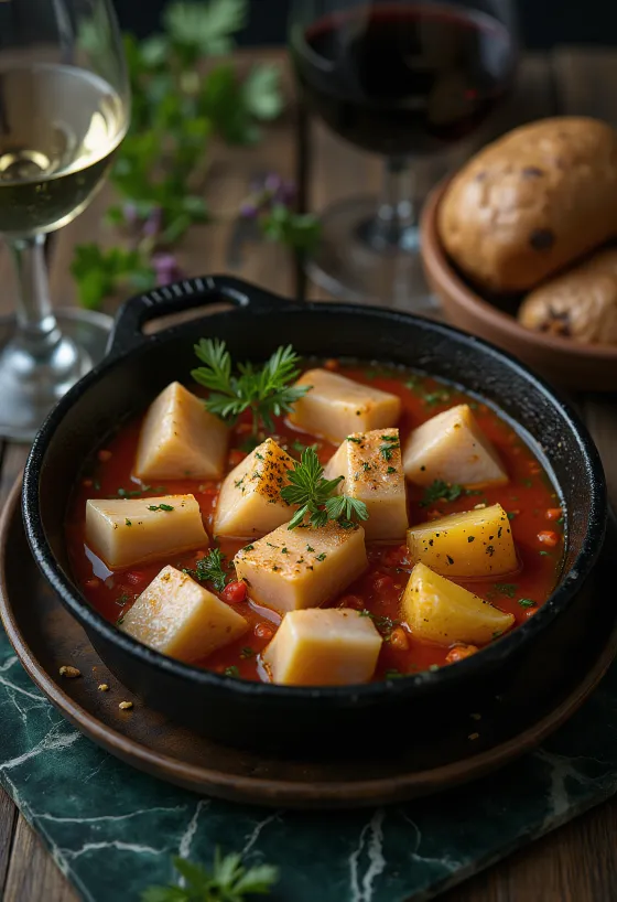 Marmitako com vinho branco numa tigela, atum, batata e legumes visíveis em caldo rico