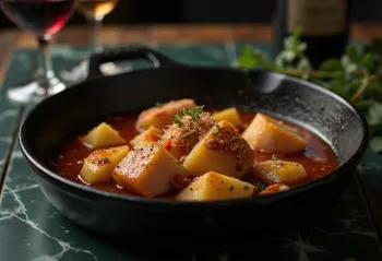 Marmitako com vinho branco numa tigela, atum, batata e legumes visíveis em caldo rico
