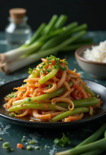 Pa kimchi, cebolinha verde coberta com pasta vermelha picante