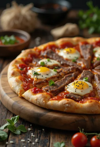 Pizza coreana Bulgogi com carne bovina servida