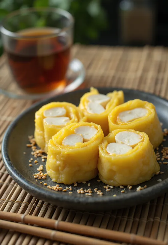 Tamagoyaki fatiado mostrando o recheio de tofu firme