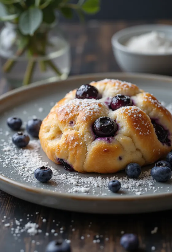 Bannock com mirtilos, massa macia e saborosa, servido com mirtilos frescos