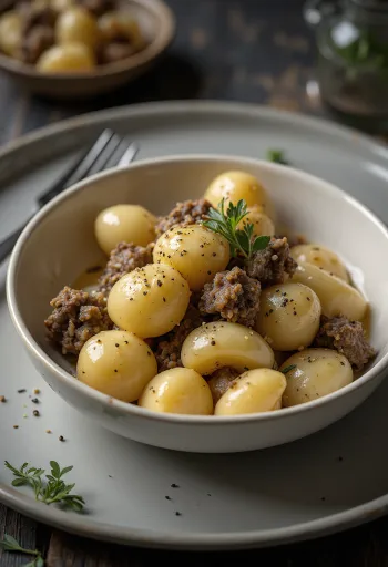Gnocchi com Haggis, um prato delicioso servido com molho cremoso e alecrim fresco