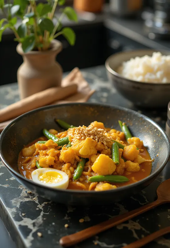 Kare-kare vegano com molho espesso de amendoim e vegetais variados