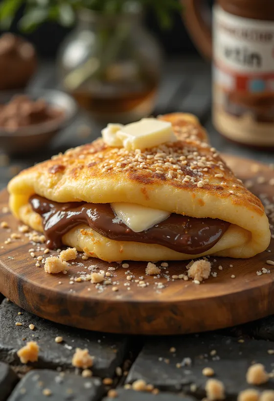 Martabak Manis com Nutella, uma delícia dobrada ao meio com Nutella e gergelim por cima.