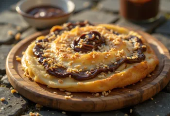 Martabak Manis com Nutella, uma delícia dobrada ao meio com Nutella e gergelim por cima.