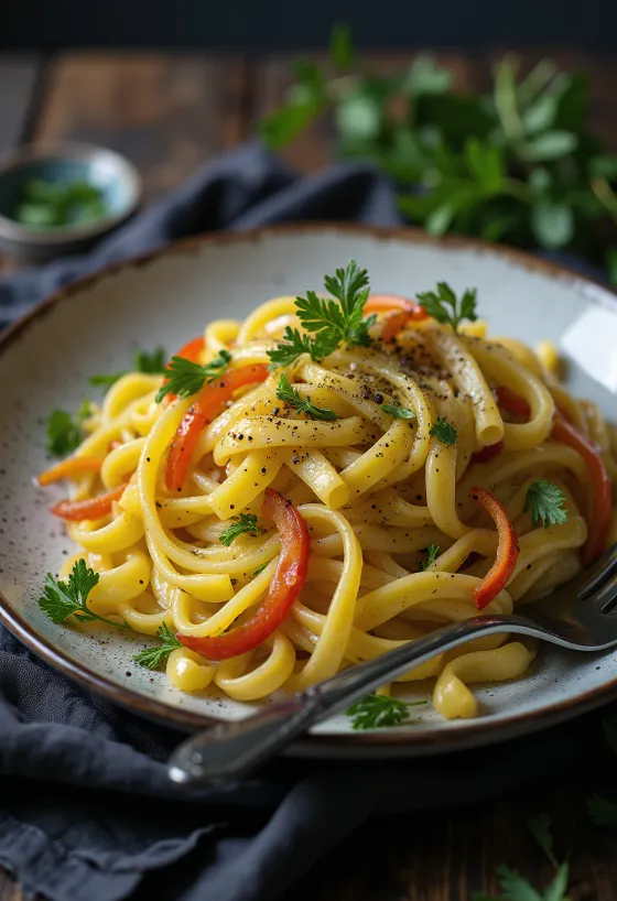 Macarrão com legumes servido com brócolis, abobrinha, cenoura e alho-poró