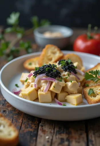 Versão vegana de Skagenröra, decorada com tofu e endro
