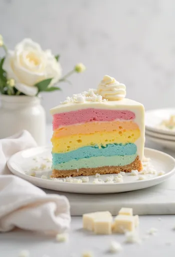 Torta mousse arco-íris servida em fatias