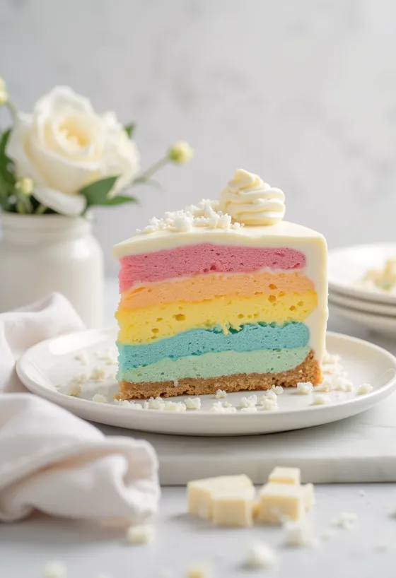 Torta mousse arco-íris servida em fatias