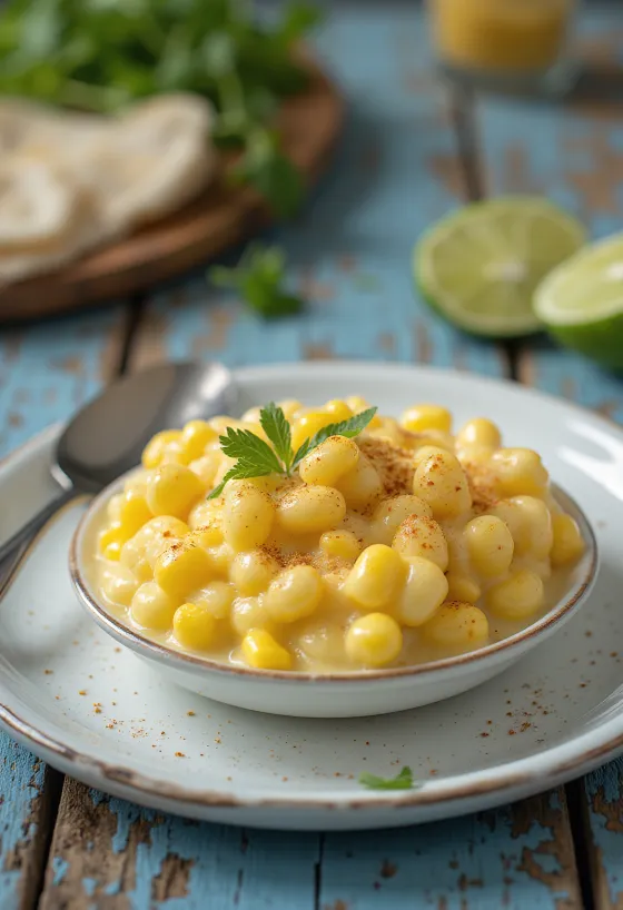 Esquites com baunilha servido com queijo e fatias de limão
