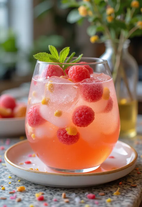 Hwachae de primavera com flores, servido com frutas e cubos de gelo floridos