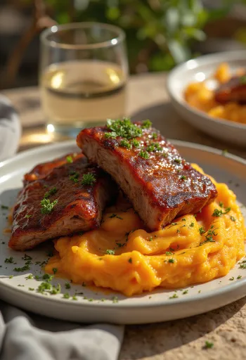 Costelinha BBQ servida com batata doce