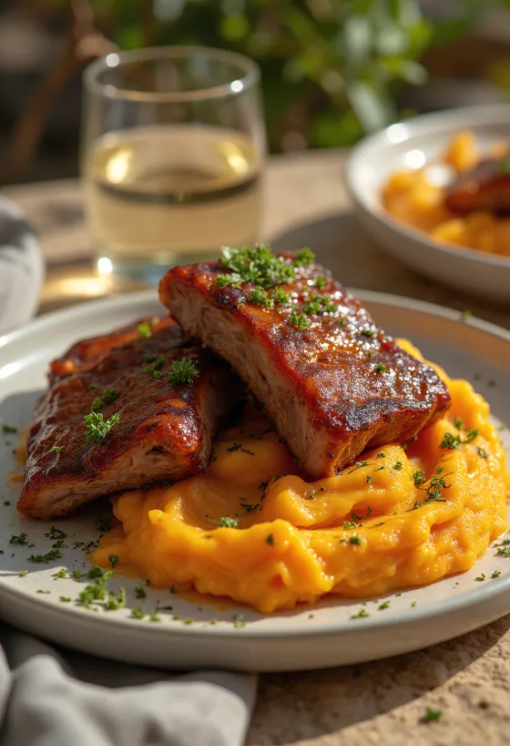 Costelinha BBQ servida com batata doce