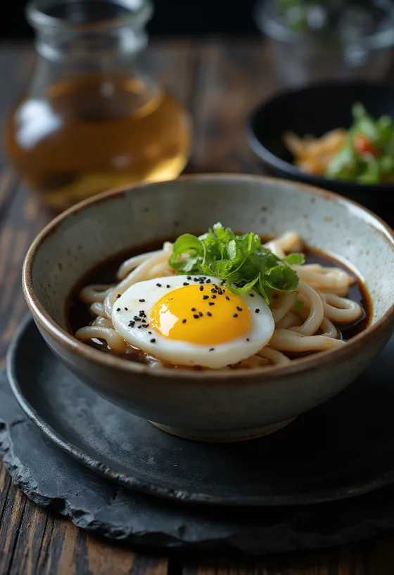 Tigela de Hadaka Udon com ovo frio e molho de soja